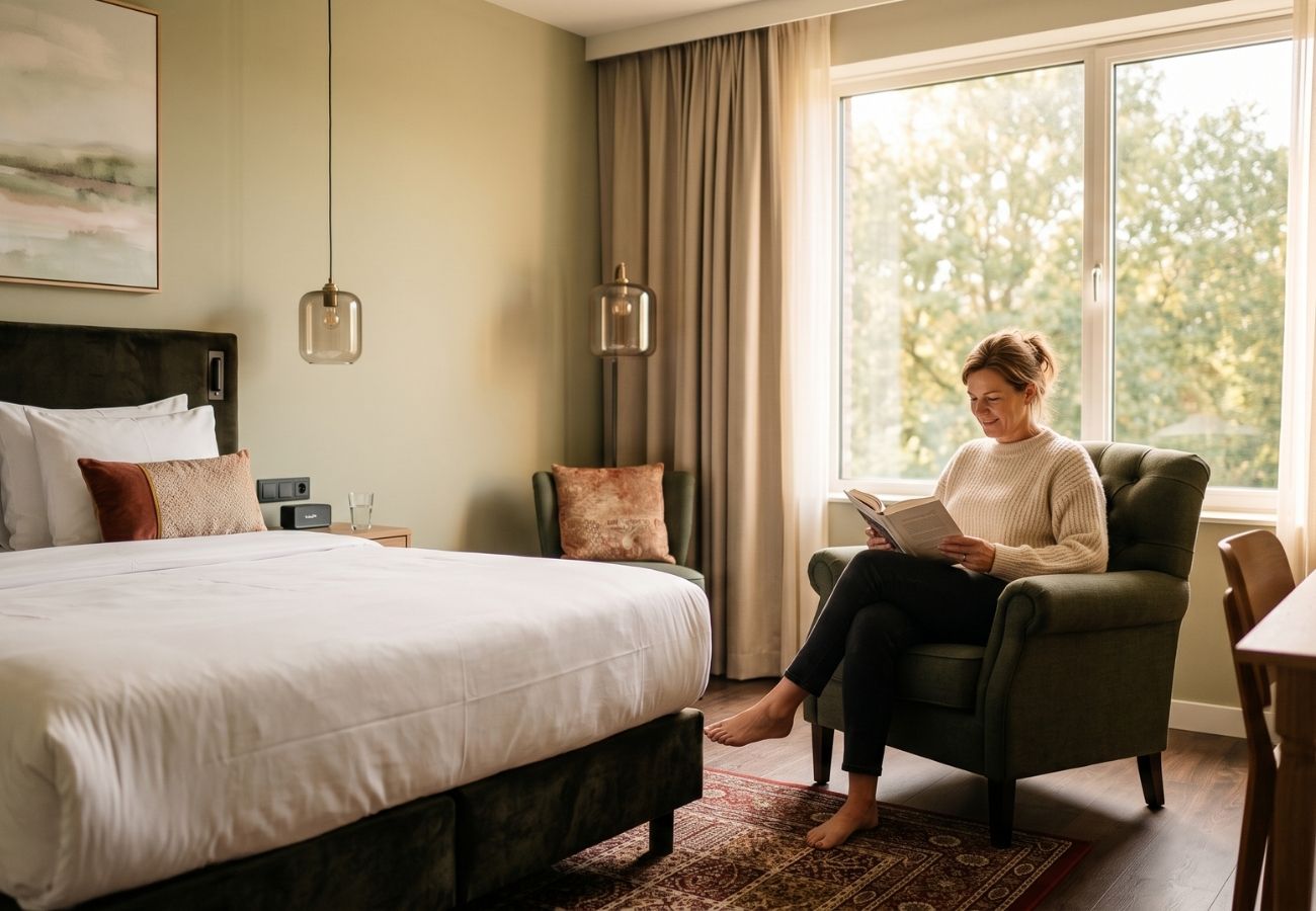 Gast leest rustig in een lichte kamer van Bitter en Zoet